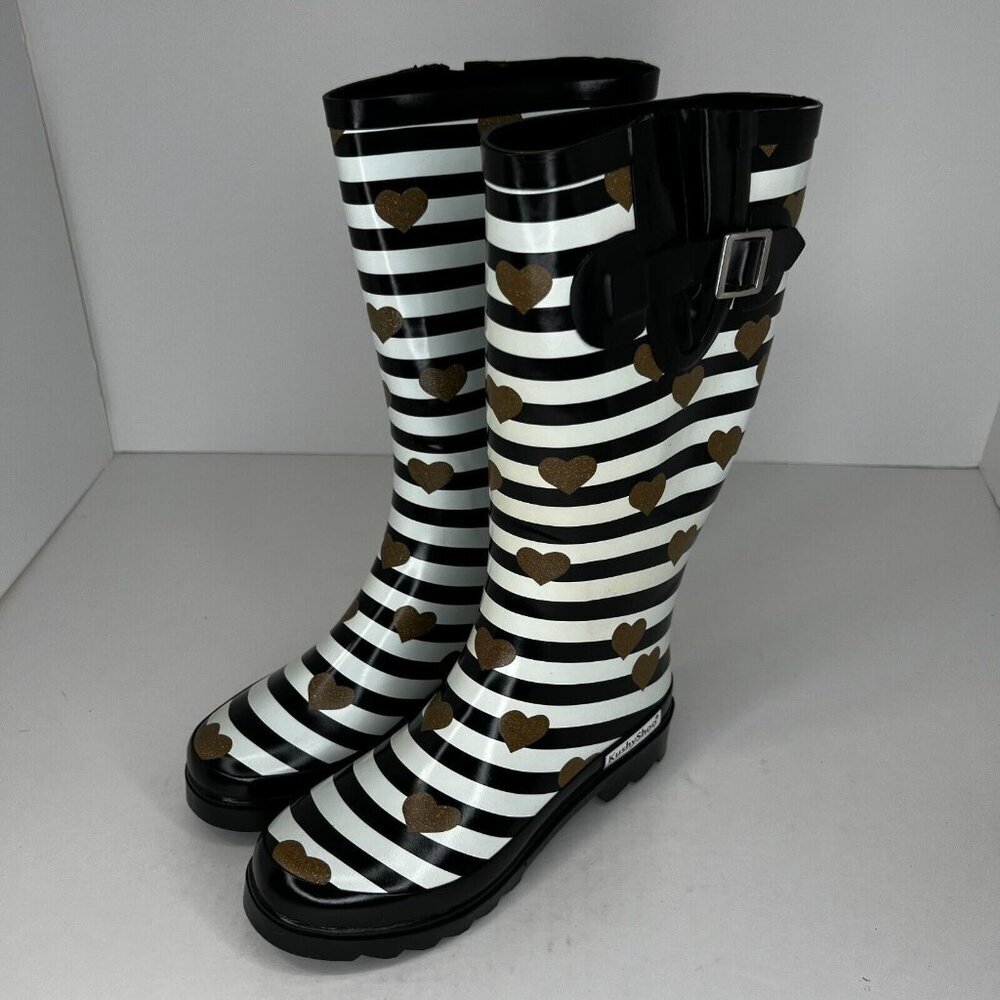 Kushyshoo Womens Black Striped Heart Rubber Mid Calf Size 7 Rain Boots